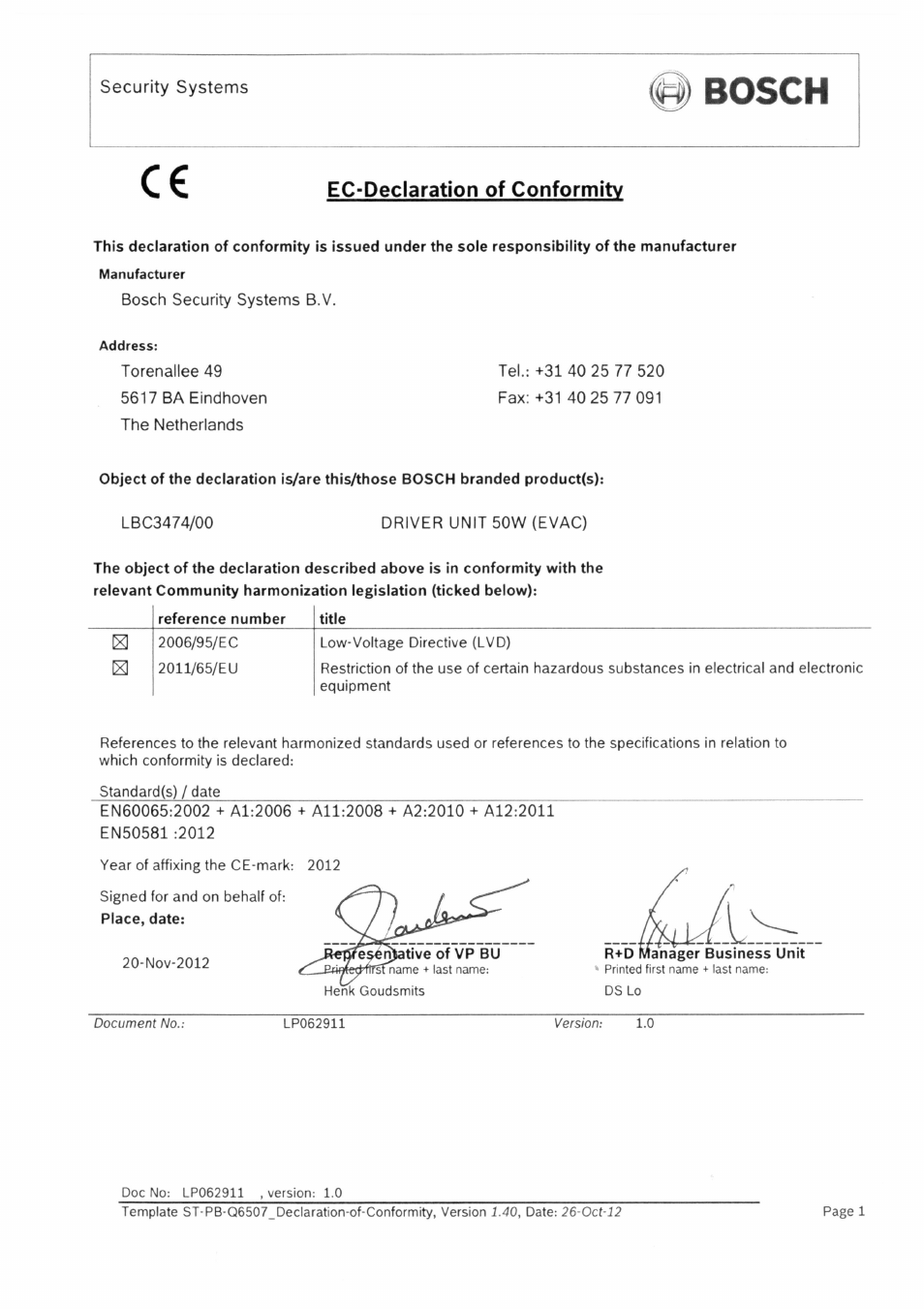 Bosch LBC3474 User Manual | 1 page
