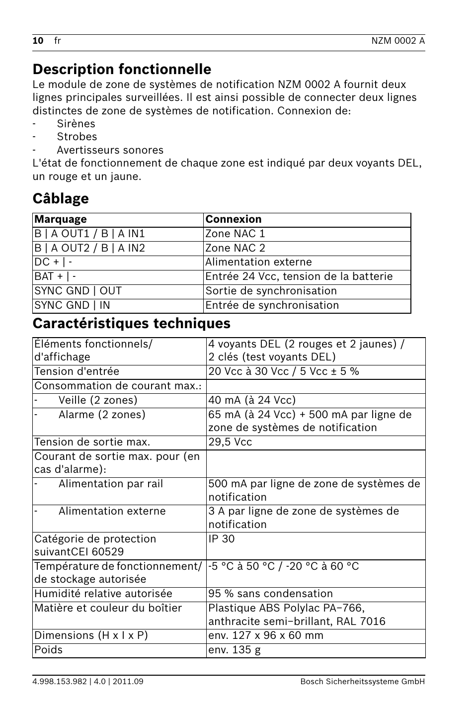 Description fonctionnelle, Câblage, Caractéristiques techniques | Câblage caractéristiques techniques | Bosch NZM 0002 A Notification Appliance Zone Module User Manual | Page 10 / 24