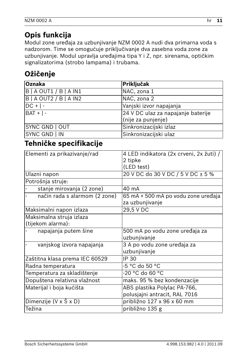 Opis funkcija, Ožičenje, Tehničke specifikacije | Ožičenje tehničke specifikacije | Bosch NZM 0002 A Notification Appliance Zone Module User Manual | Page 11 / 24