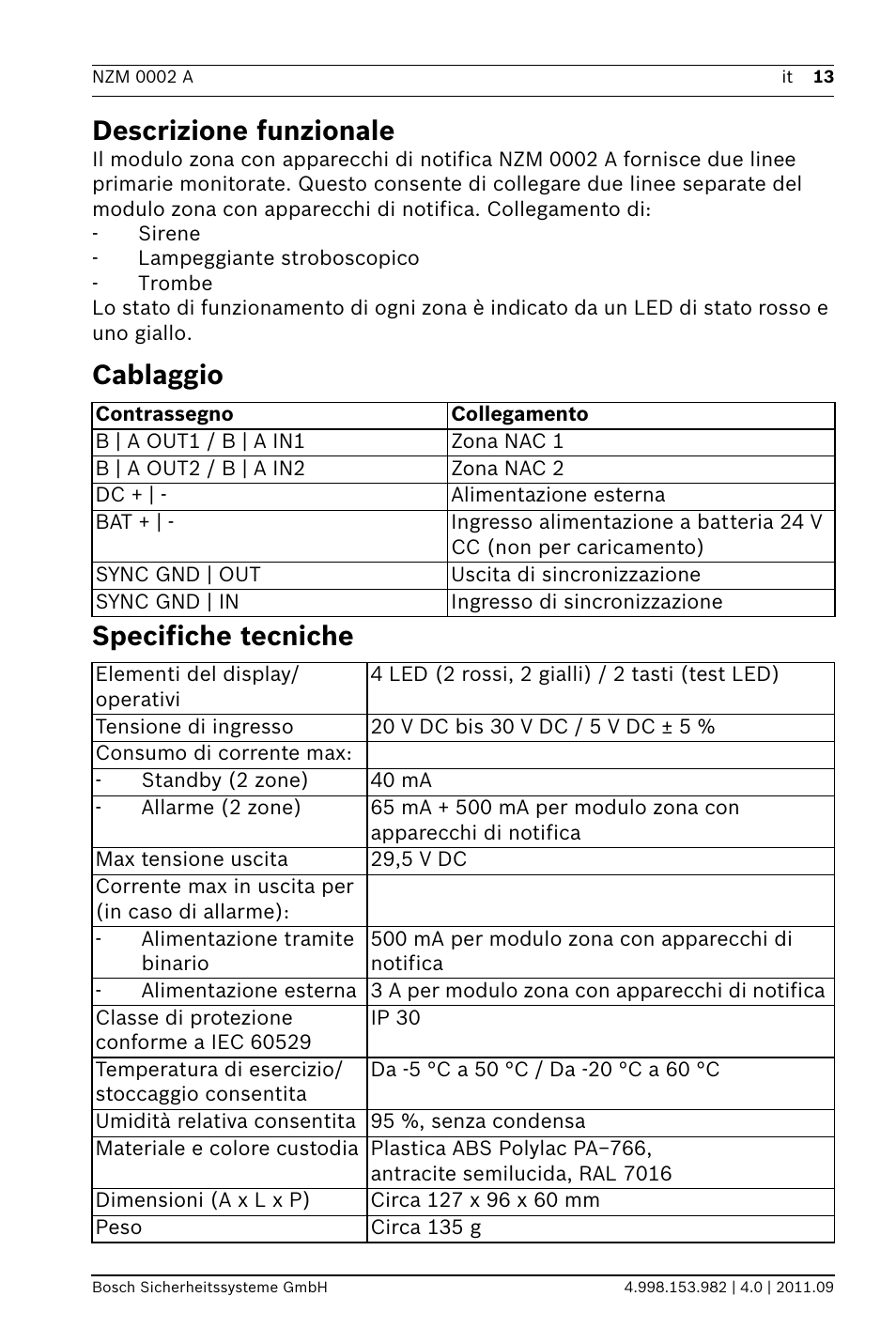 Descrizione funzionale, Cablaggio, Specifiche tecniche | Cablaggio specifiche tecniche | Bosch NZM 0002 A Notification Appliance Zone Module User Manual | Page 13 / 24
