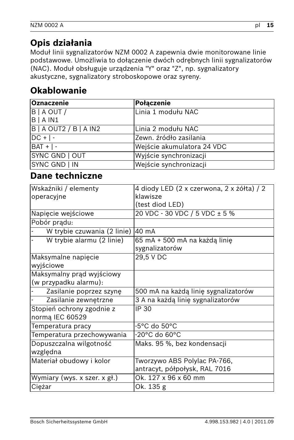Opis działania, Okablowanie, Dane techniczne | Okablowanie dane techniczne | Bosch NZM 0002 A Notification Appliance Zone Module User Manual | Page 15 / 24