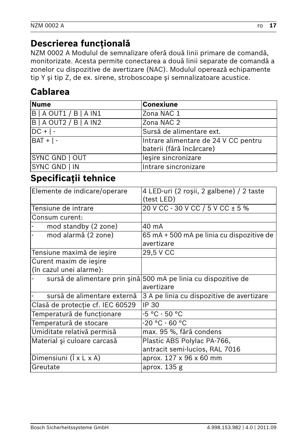 Descrierea funcţională, Cablarea, Specificaţii tehnice | Cablarea specificaţii tehnice | Bosch NZM 0002 A Notification Appliance Zone Module User Manual | Page 17 / 24