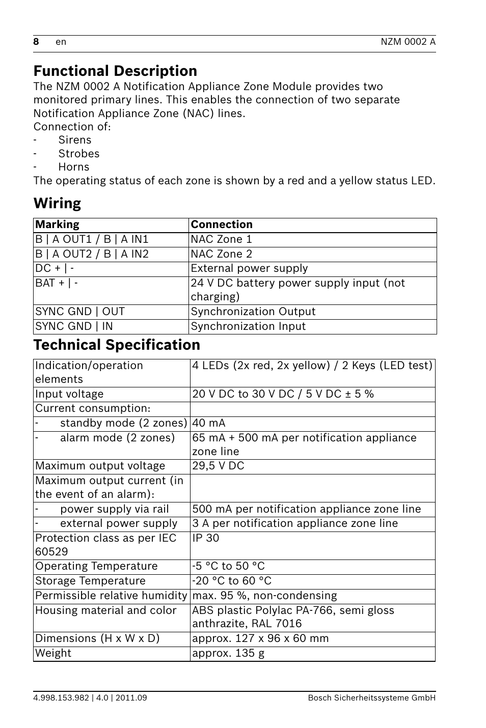 Functional description, Wiring, Technical specification | On guide, Wiring technical specification | Bosch NZM 0002 A Notification Appliance Zone Module User Manual | Page 8 / 24