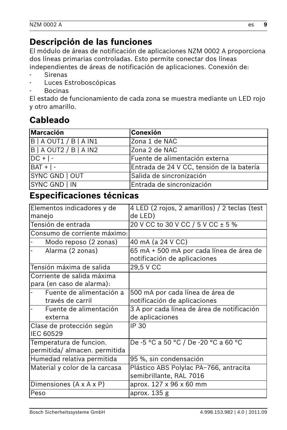 Descripción de las funciones, Cableado, Especificaciones técnicas | Cableado especificaciones técnicas | Bosch NZM 0002 A Notification Appliance Zone Module User Manual | Page 9 / 24