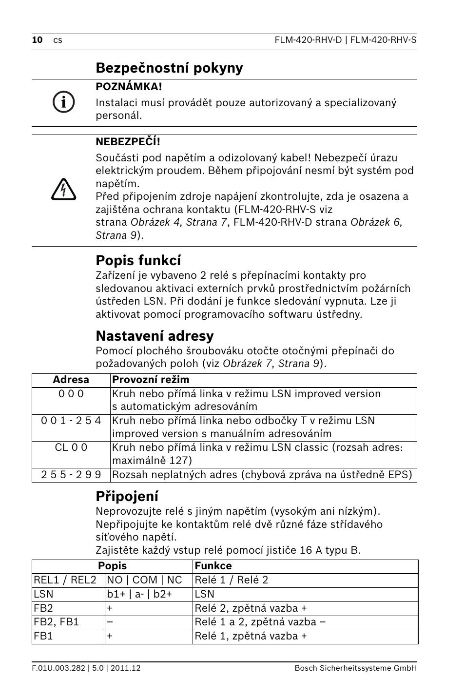 Bezpečnostní pokyny, Popis funkcí, Nastavení adresy | Připojení, Bezpečnostní pokyny popis funkcí | Bosch FLM-420-RHV Relay High Voltage Interface Modules User Manual | Page 10 / 44