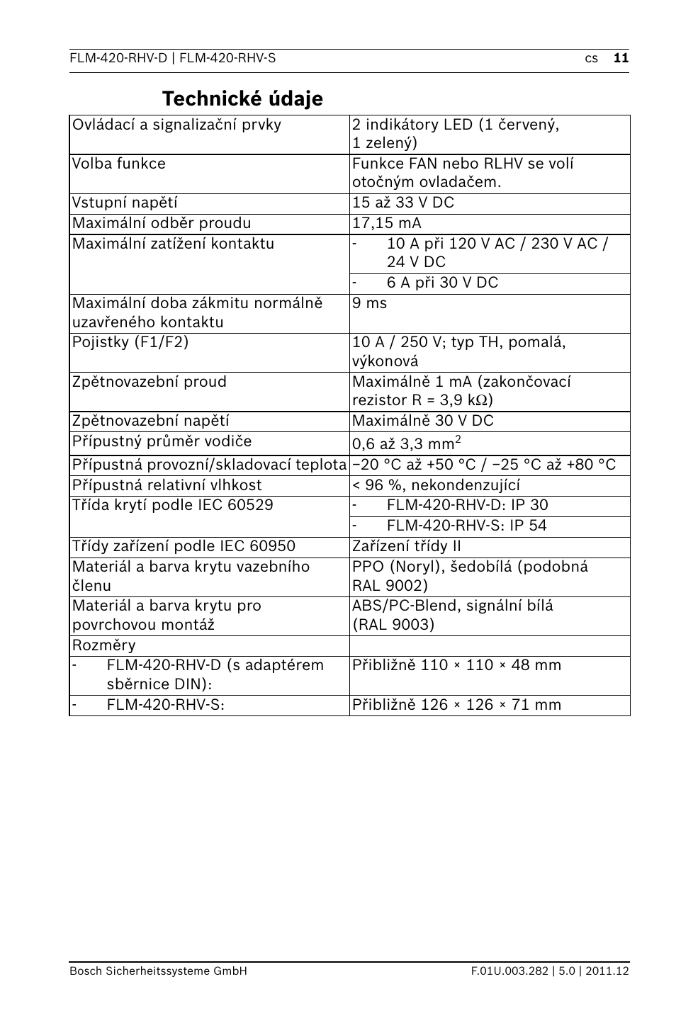 Technické údaje | Bosch FLM-420-RHV Relay High Voltage Interface Modules User Manual | Page 11 / 44