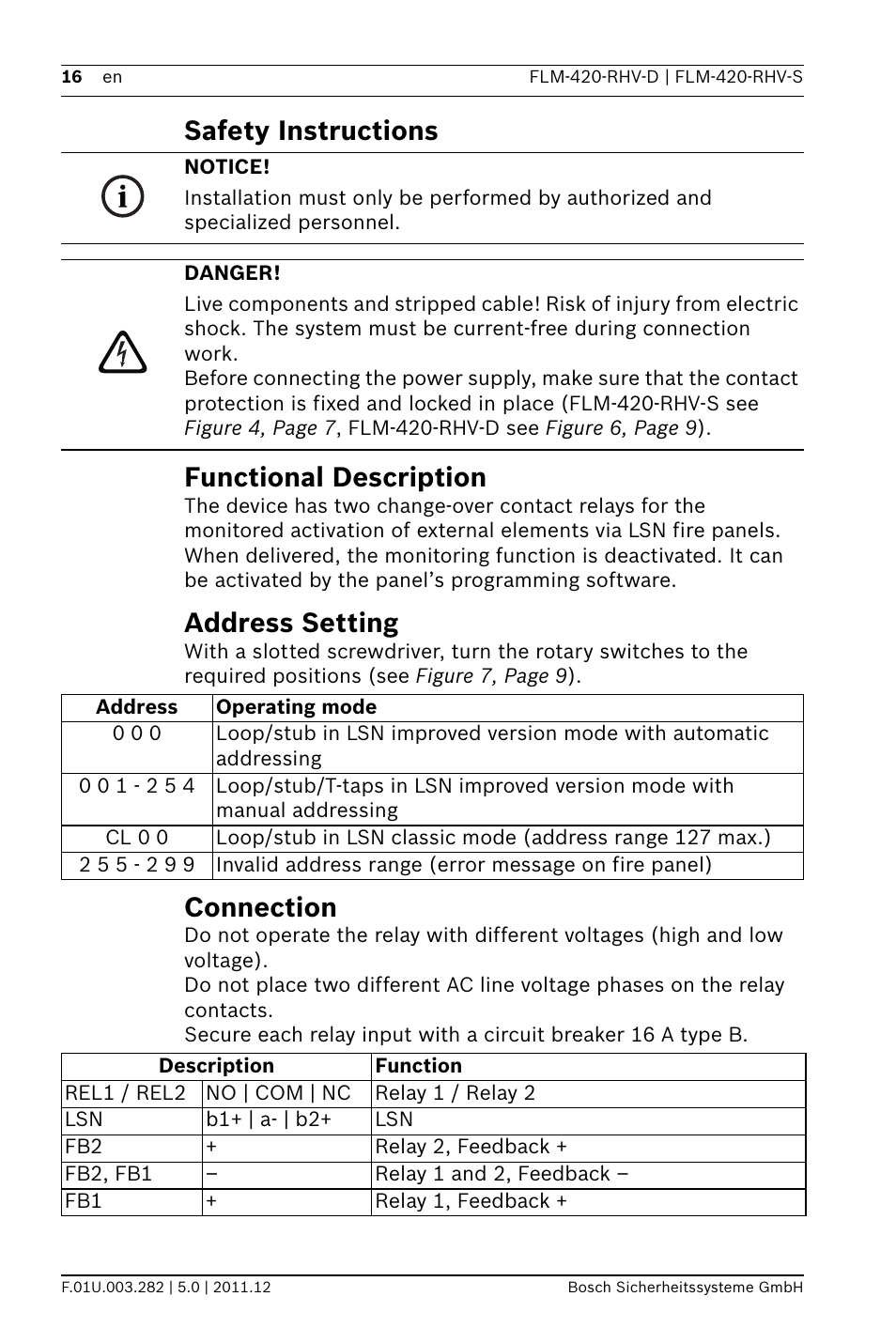 Safety instructions, Functional description, Address setting | Connection, On guide, Safety instructions functional description | Bosch FLM-420-RHV Relay High Voltage Interface Modules User Manual | Page 16 / 44