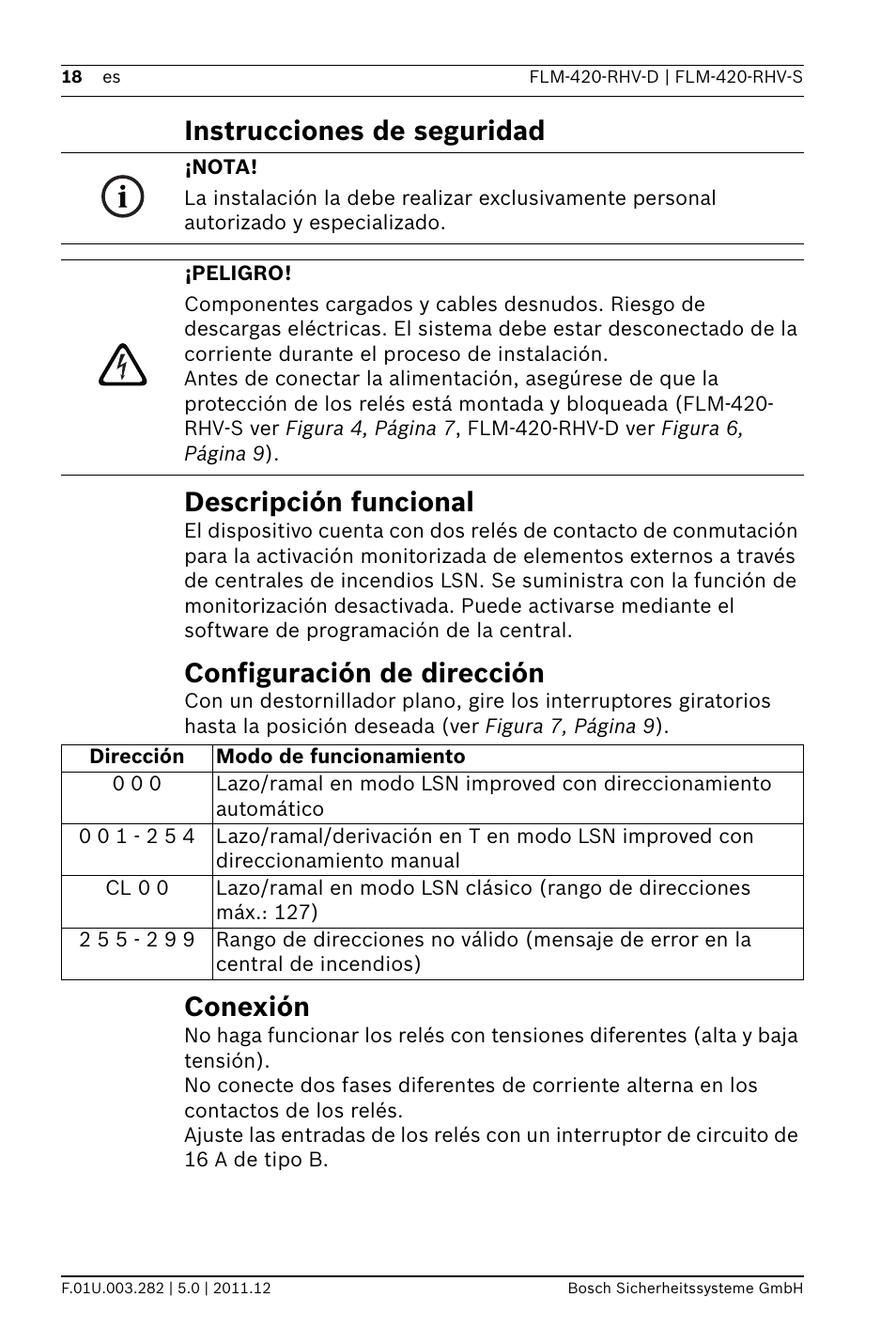 Instrucciones de seguridad, Descripción funcional, Configuración de dirección | Conexión, Guía de instalación, Instrucciones de seguridad descripción funcional | Bosch FLM-420-RHV Relay High Voltage Interface Modules User Manual | Page 18 / 44