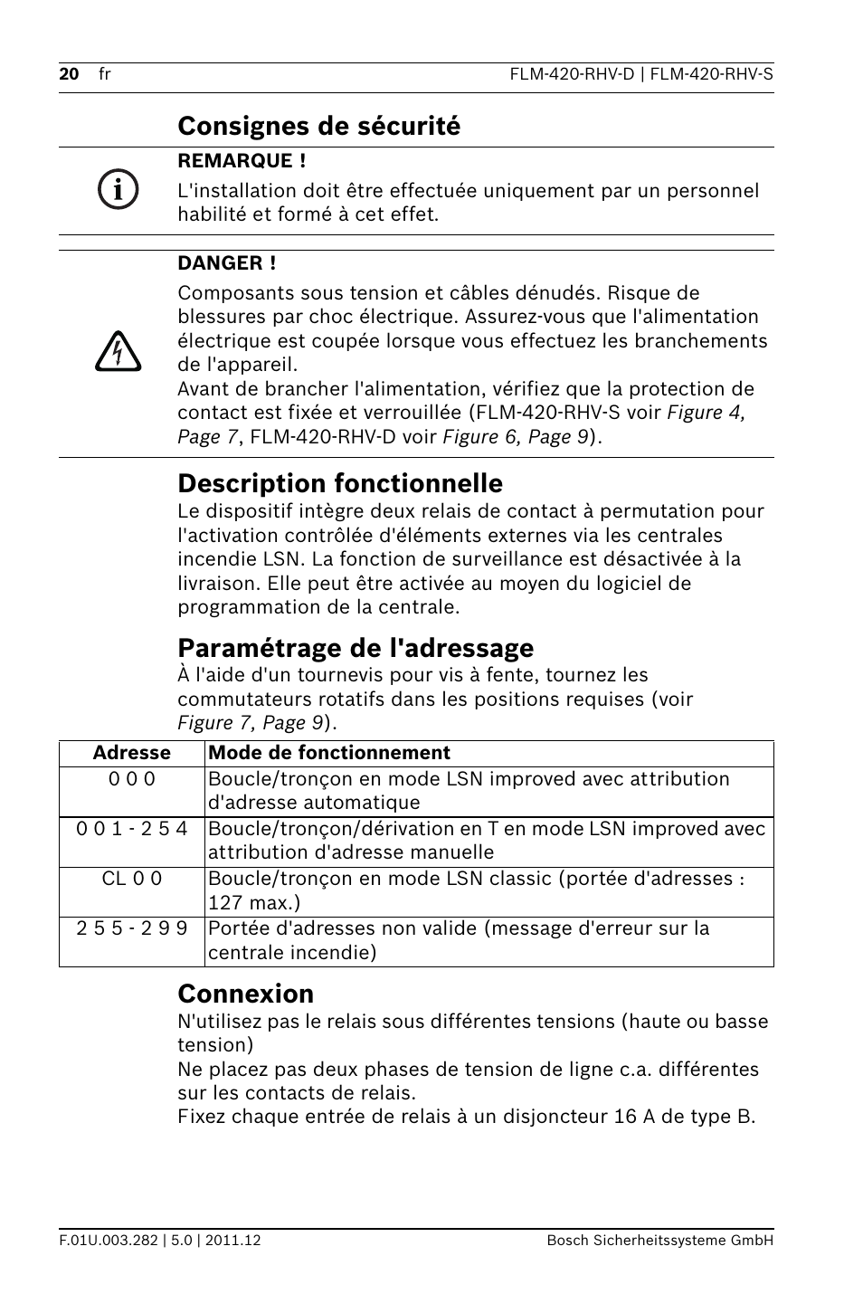 Consignes de sécurité, Description fonctionnelle, Paramétrage de l'adressage | Connexion, Consignes de sécurité description fonctionnelle | Bosch FLM-420-RHV Relay High Voltage Interface Modules User Manual | Page 20 / 44