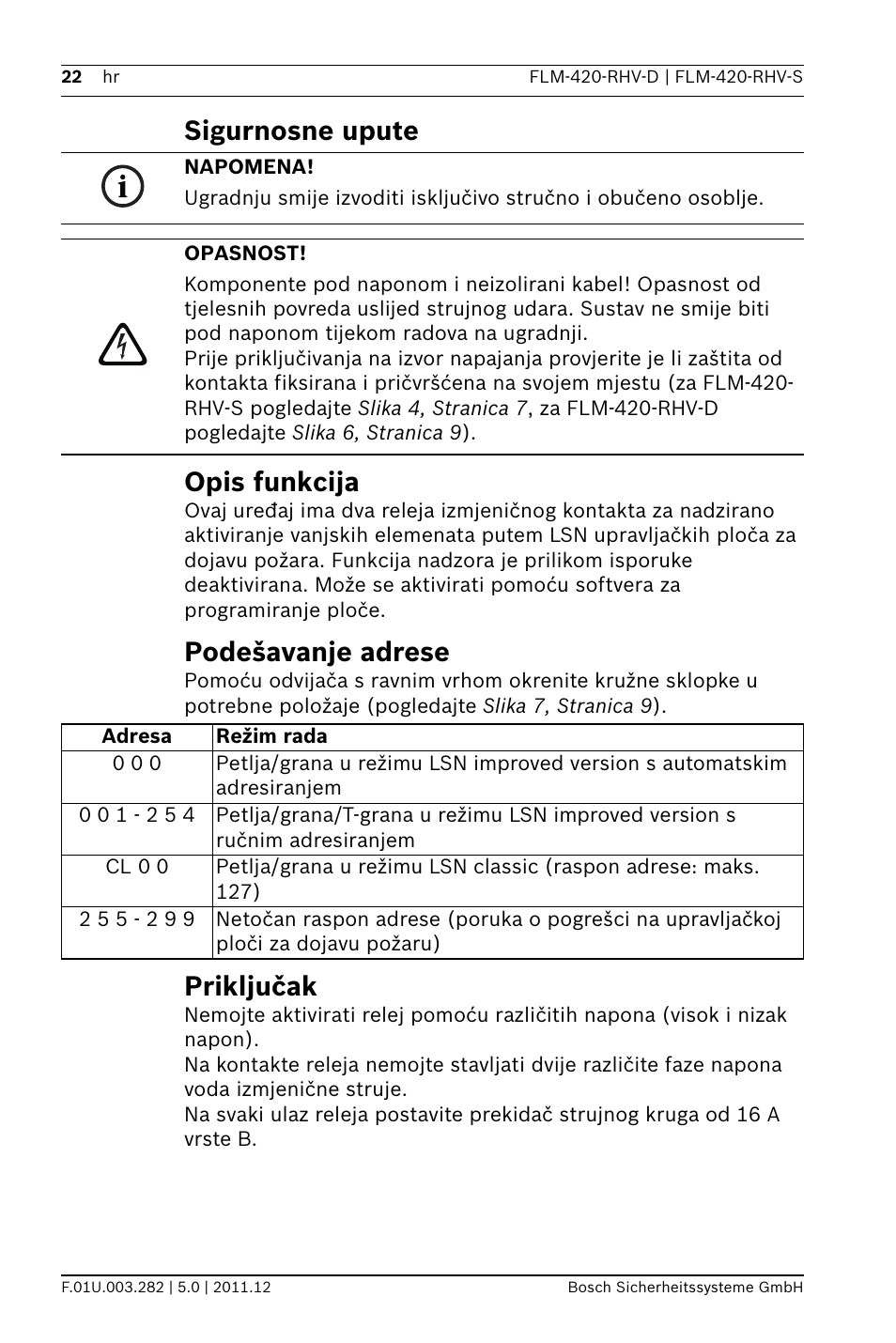 Sigurnosne upute, Opis funkcija, Podešavanje adrese | Priključak, Sigurnosne upute opis funkcija | Bosch FLM-420-RHV Relay High Voltage Interface Modules User Manual | Page 22 / 44