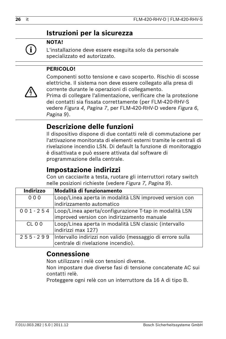 Istruzioni per la sicurezza, Descrizione delle funzioni, Impostazione indirizzi | Connessione | Bosch FLM-420-RHV Relay High Voltage Interface Modules User Manual | Page 26 / 44