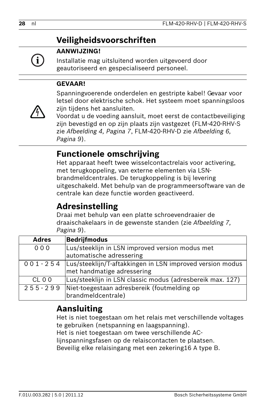 Veiligheidsvoorschriften, Functionele omschrijving, Adresinstelling | Aansluiting, Ding, Veiligheidsvoorschriften functionele omschrijving | Bosch FLM-420-RHV Relay High Voltage Interface Modules User Manual | Page 28 / 44