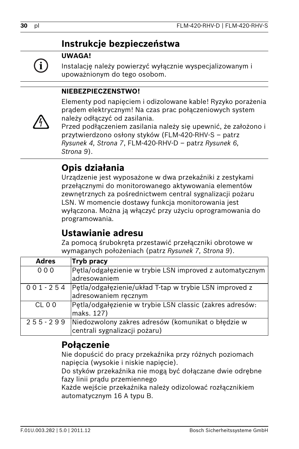 Instrukcje bezpieczeństwa, Opis działania, Ustawianie adresu | Połączenie, Instrukcje bezpieczeństwa opis działania | Bosch FLM-420-RHV Relay High Voltage Interface Modules User Manual | Page 30 / 44