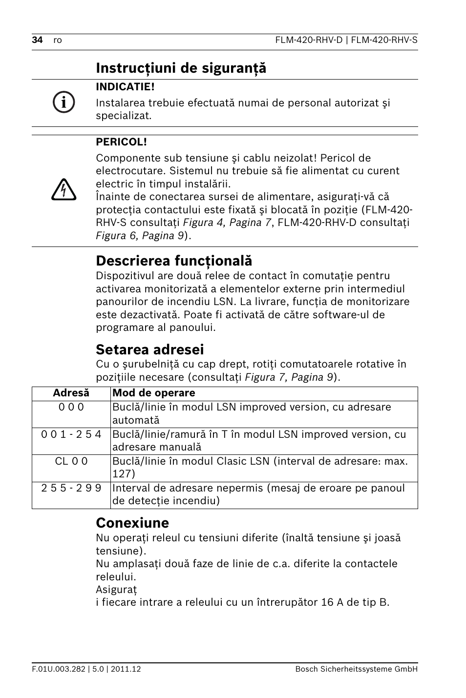 Instrucţiuni de siguranţă, Descrierea funcţională, Setarea adresei | Conexiune, Instrucţiuni de siguranţă descrierea funcţională | Bosch FLM-420-RHV Relay High Voltage Interface Modules User Manual | Page 34 / 44