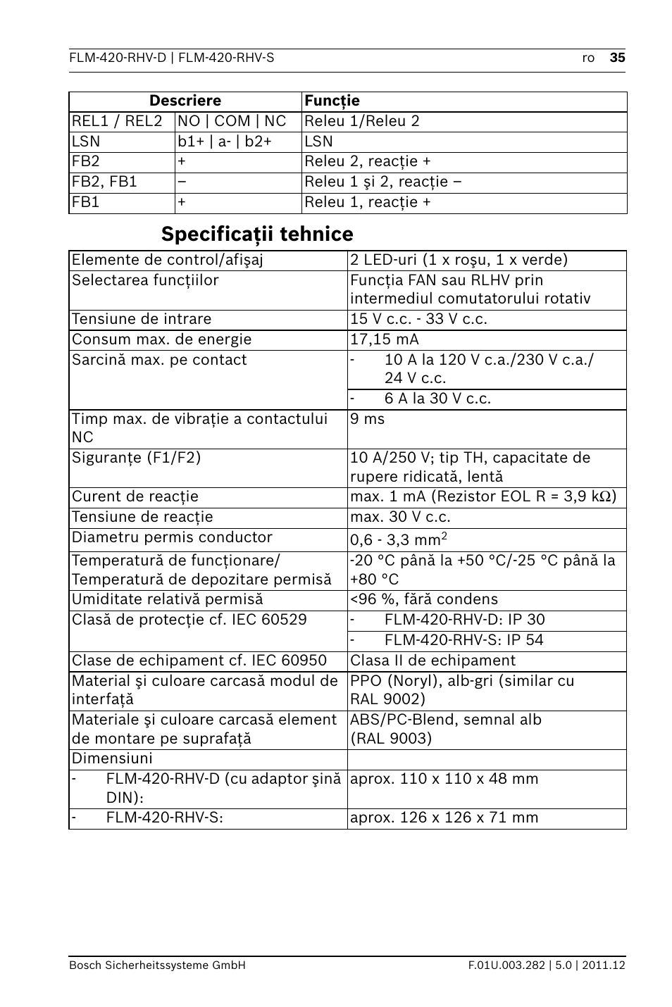 Specificaţii tehnice | Bosch FLM-420-RHV Relay High Voltage Interface Modules User Manual | Page 35 / 44