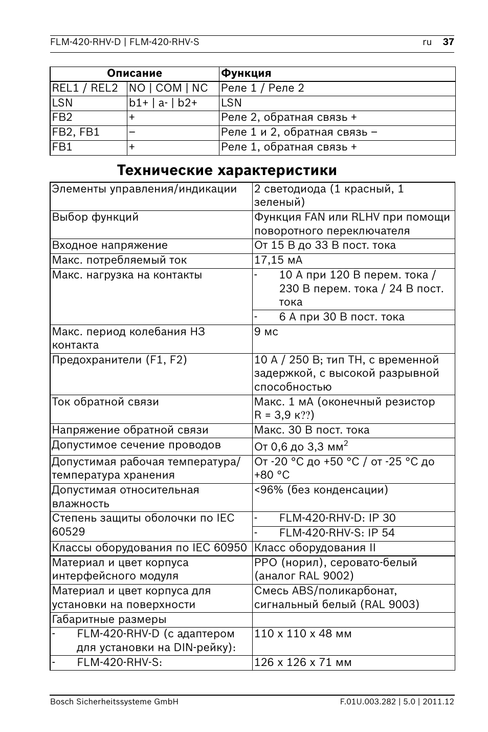 Технические характеристики | Bosch FLM-420-RHV Relay High Voltage Interface Modules User Manual | Page 37 / 44