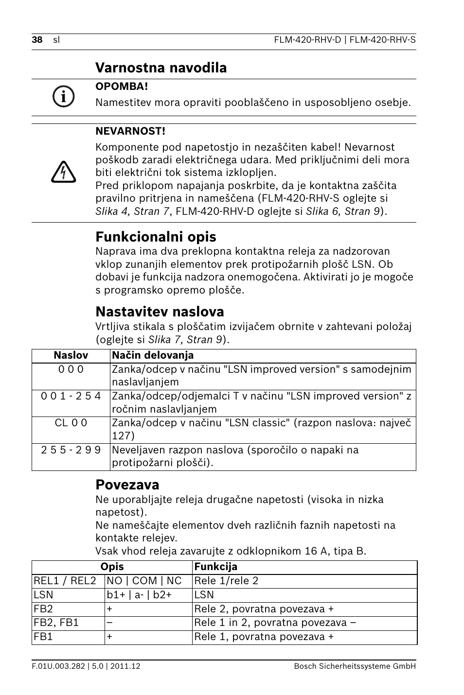 Varnostna navodila, Funkcionalni opis, Nastavitev naslova | Povezava, Varnostna navodila funkcionalni opis | Bosch FLM-420-RHV Relay High Voltage Interface Modules User Manual | Page 38 / 44