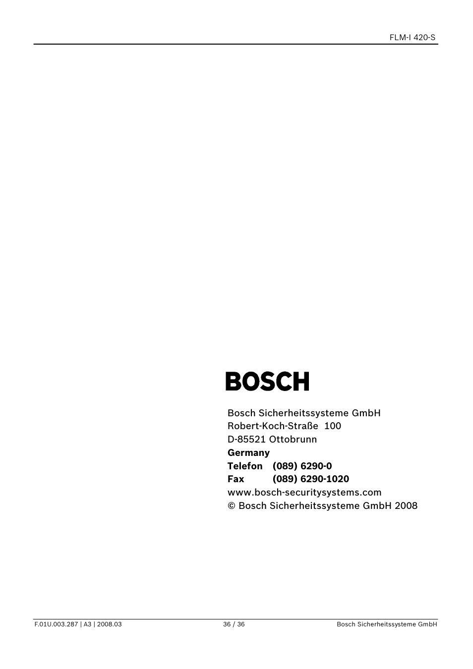 Bosch FLM-I 420-S Short Circuit Isolator User Manual | Page 36 / 36