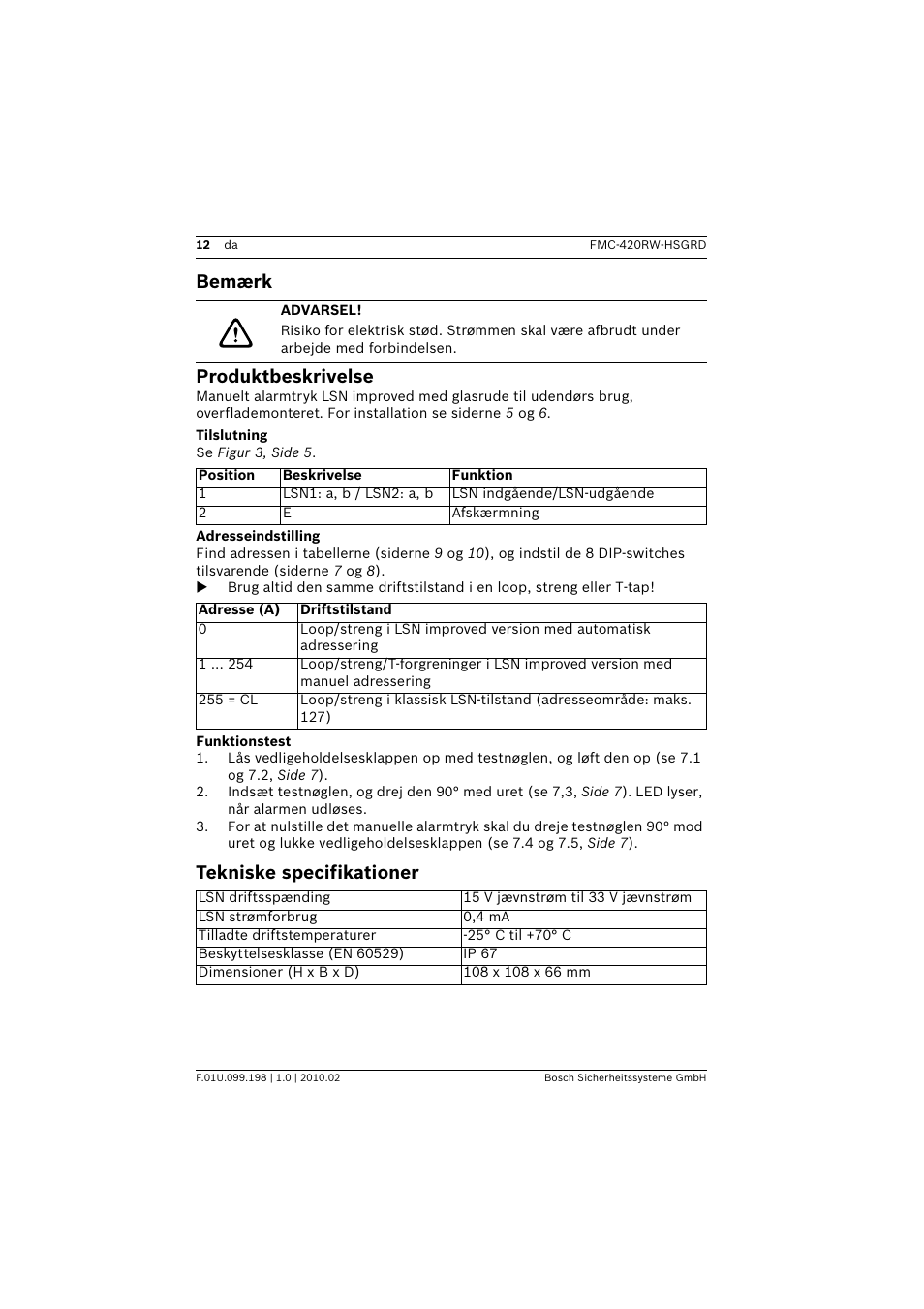 Bemærk, Advarsel, Produktbeskrivelse | Tilslutning, Adresseindstilling, Funktionstest, Tekniske specifikationer, Bemærk produktbeskrivelse | Bosch FMC-420RW Single Action Call Points LSN improved User Manual | Page 12 / 28
