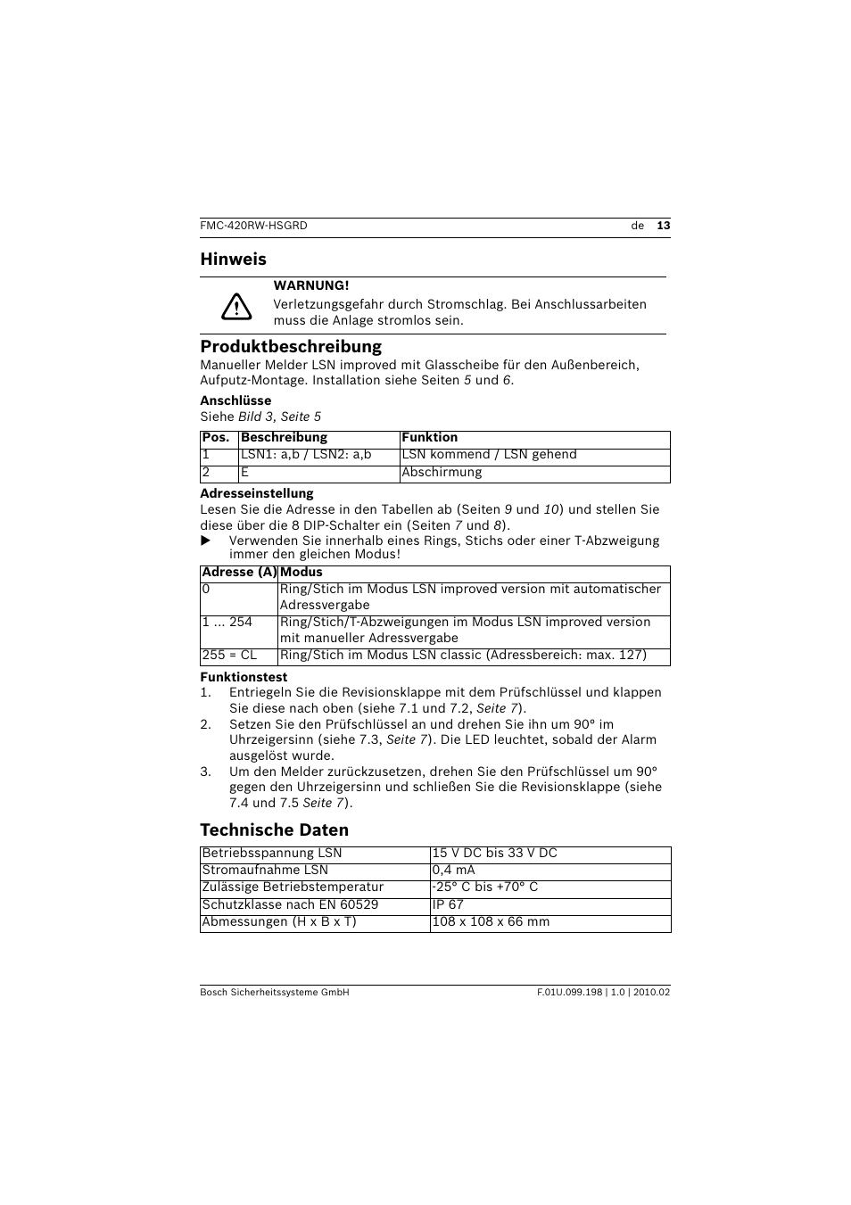 Warnung, Produktbeschreibung, Anschlüsse | Adresseinstellung, Funktionstest, Technische daten, Hinweis produktbeschreibung | Bosch FMC-420RW Single Action Call Points LSN improved User Manual | Page 13 / 28