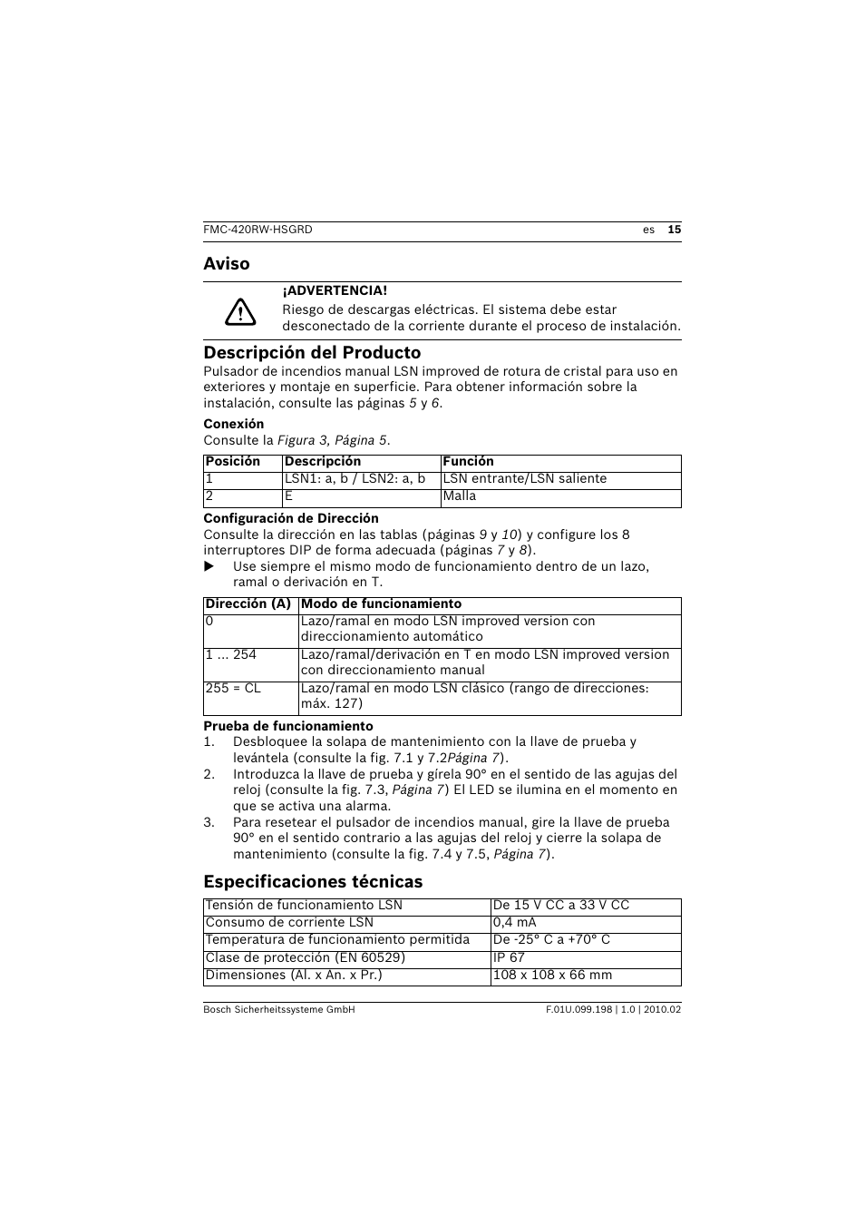 Aviso, Advertencia, Descripción del producto | Conexión, Configuración de dirección, Prueba de funcionamiento, Especificaciones técnicas, Aviso descripción del producto | Bosch FMC-420RW Single Action Call Points LSN improved User Manual | Page 15 / 28