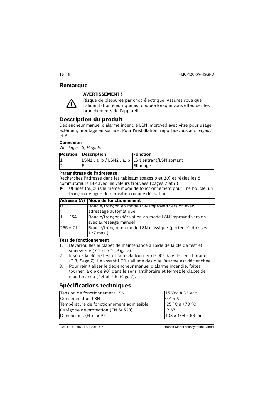 Remarque, Avertissement, Description du produit | Connexion, Paramétrage de l'adressage, Test de fonctionnement, Spécifications techniques, Remarque description du produit | Bosch FMC-420RW Single Action Call Points LSN improved User Manual | Page 16 / 28