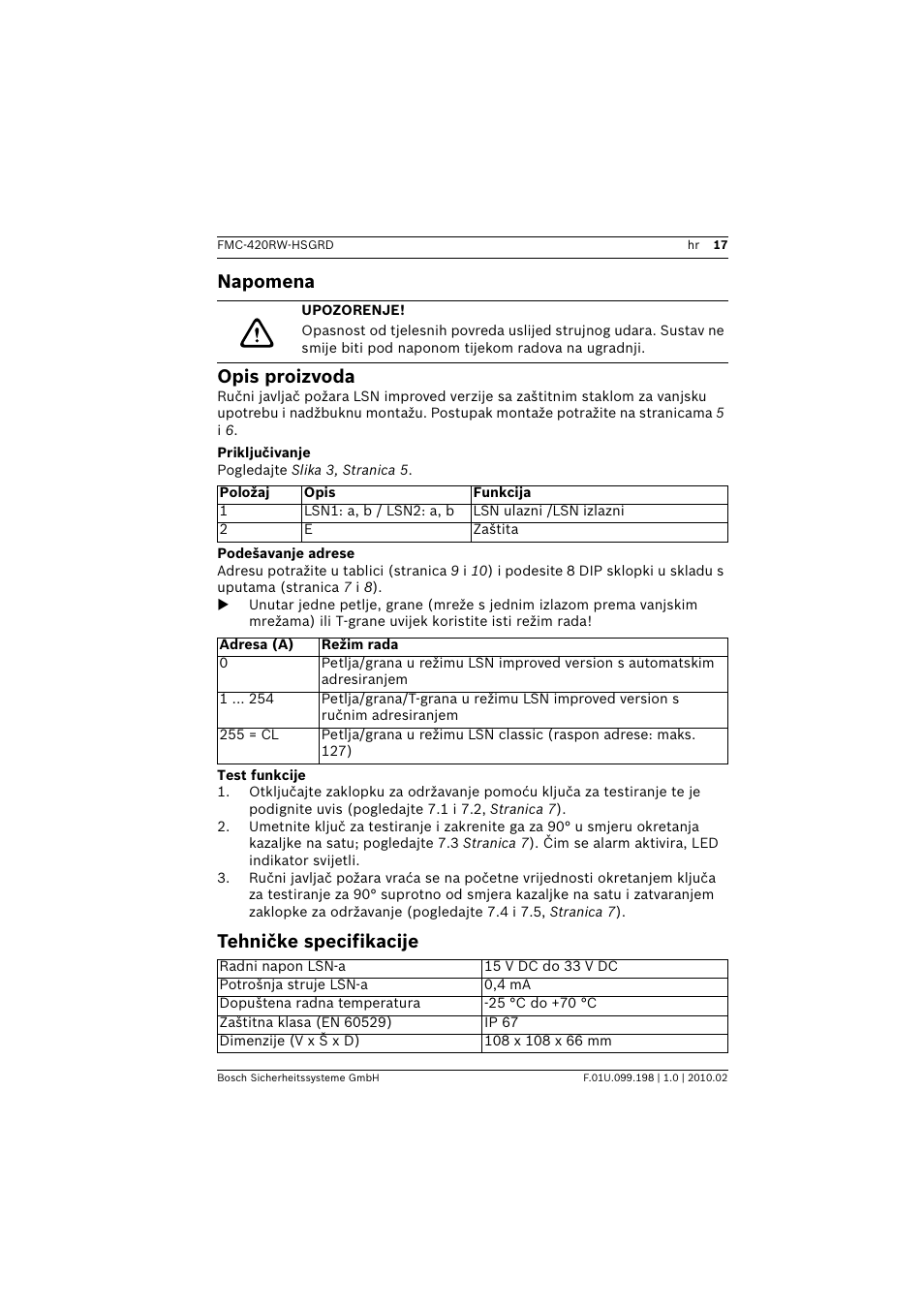 Napomena, Upozorenje, Opis proizvoda | Priključivanje, Podešavanje adrese, Test funkcije, Tehničke specifikacije, Napomena opis proizvoda | Bosch FMC-420RW Single Action Call Points LSN improved User Manual | Page 17 / 28