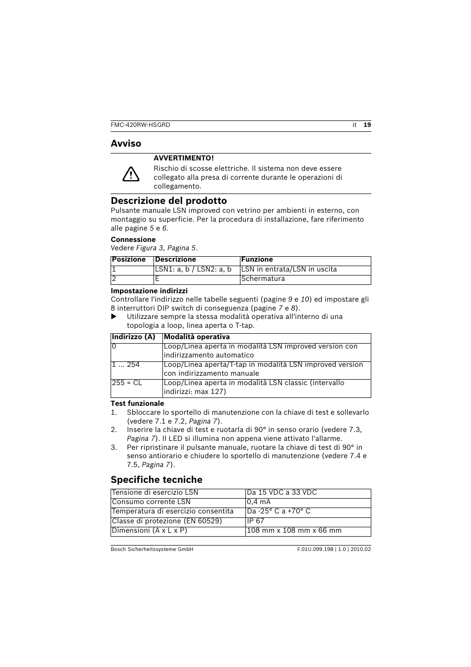 Avviso, Avvertimento, Descrizione del prodotto | Connessione, Impostazione indirizzi, Test funzionale, Specifiche tecniche, Avviso descrizione del prodotto | Bosch FMC-420RW Single Action Call Points LSN improved User Manual | Page 19 / 28