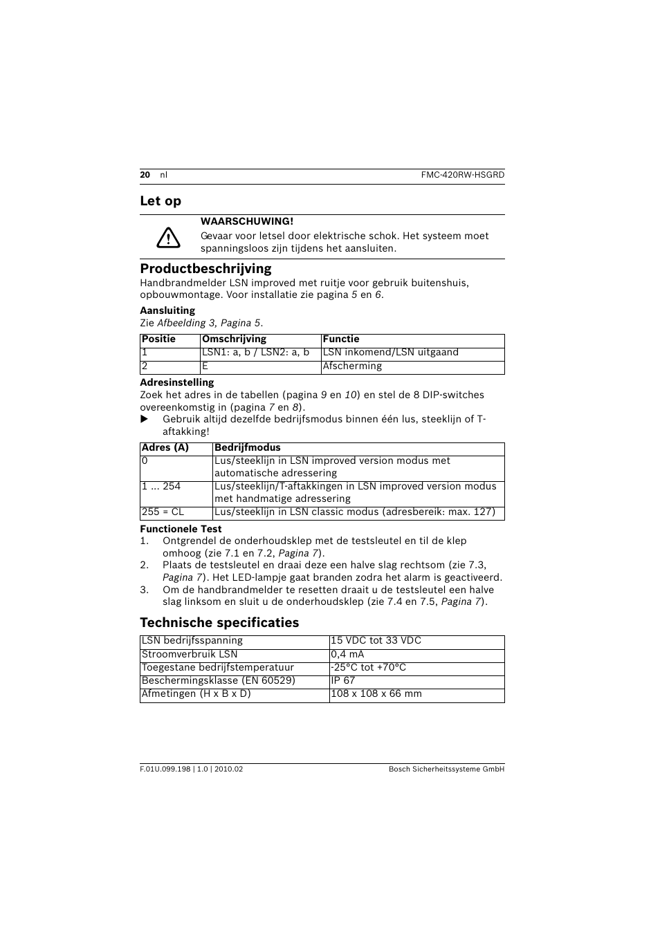 Let op, Waarschuwing, Productbeschrijving | Aansluiting, Adresinstelling, Functionele test, Technische specificaties, Let op productbeschrijving | Bosch FMC-420RW Single Action Call Points LSN improved User Manual | Page 20 / 28