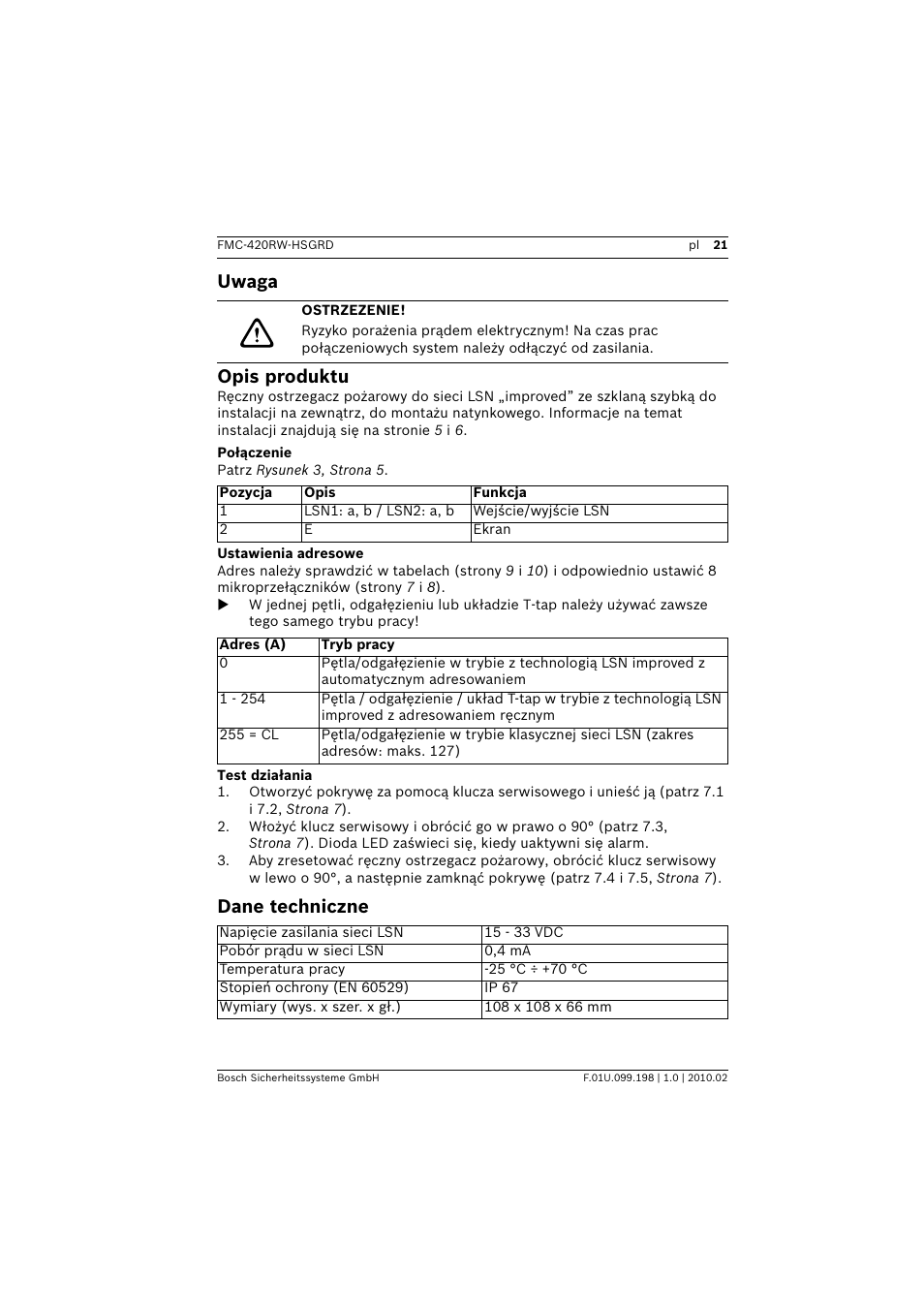 Uwaga, Ostrzezenie, Opis produktu | Połączenie, Ustawienia adresowe, Test działania, Dane techniczne, Uwaga opis produktu | Bosch FMC-420RW Single Action Call Points LSN improved User Manual | Page 21 / 28