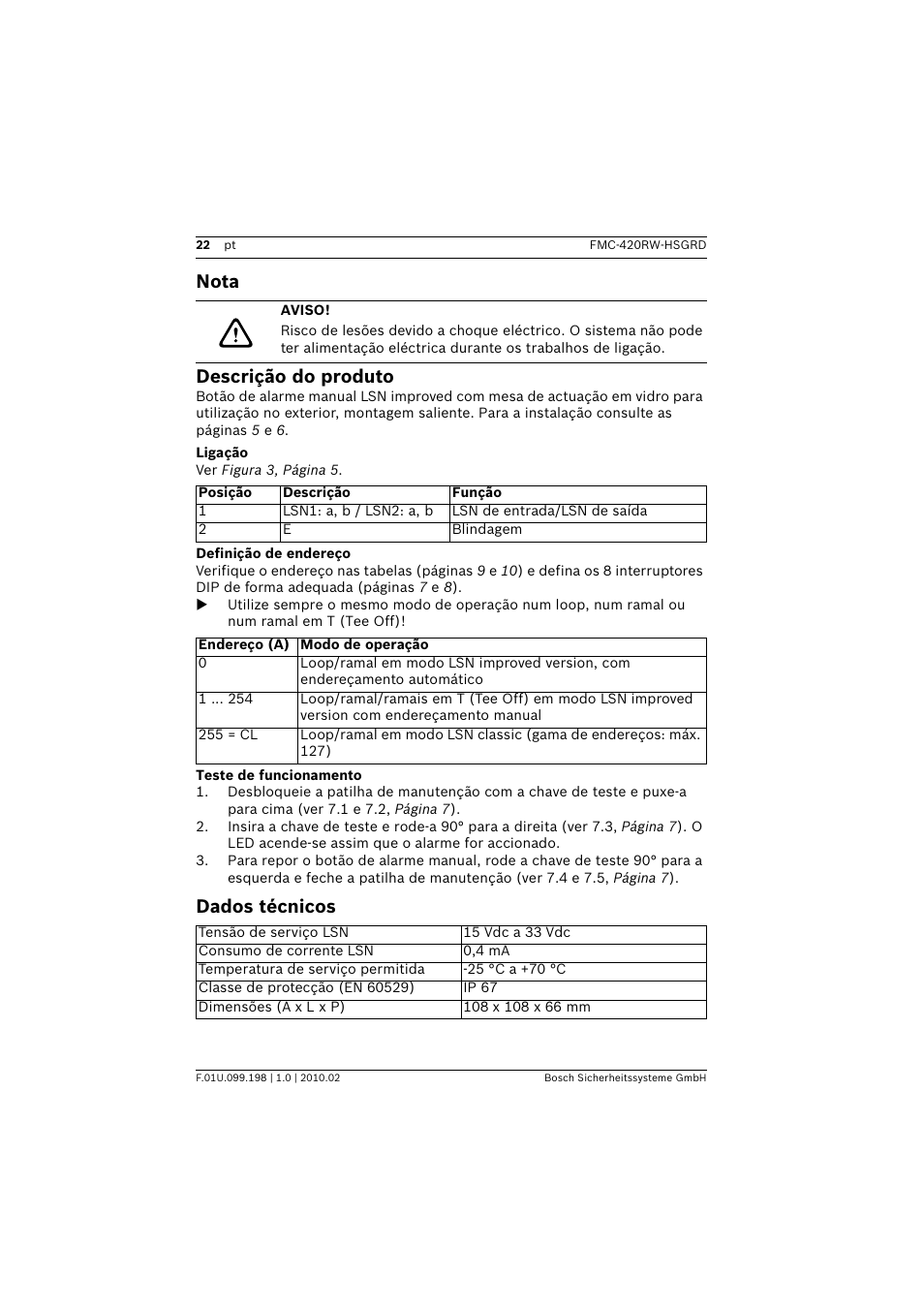 Nota, Aviso, Descrição do produto | Ligação, Definição de endereço, Teste de funcionamento, Dados técnicos, Nota descrição do produto | Bosch FMC-420RW Single Action Call Points LSN improved User Manual | Page 22 / 28