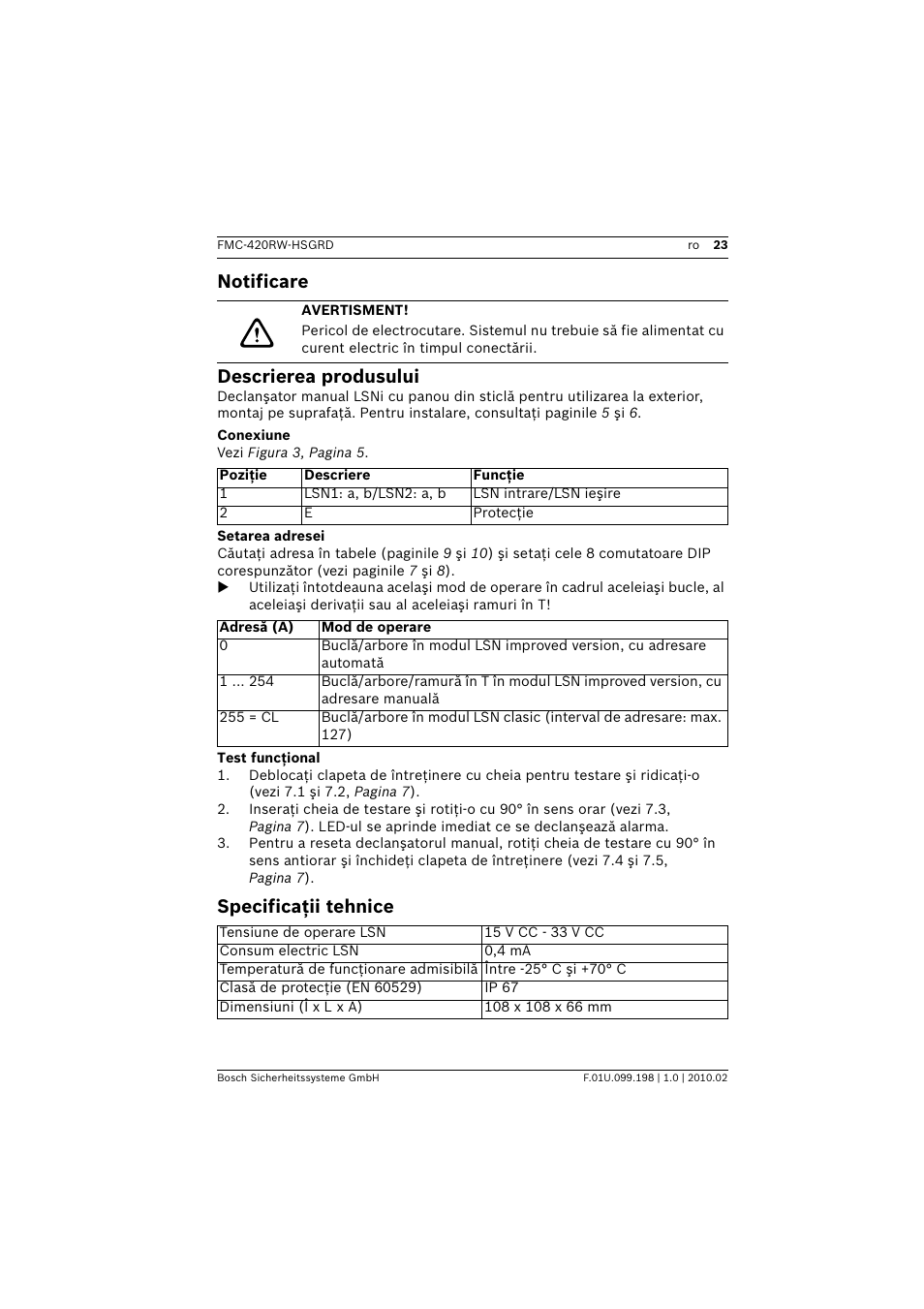Notificare, Avertisment, Descrierea produsului | Conexiune, Setarea adresei, Test funcţional, Specificaţii tehnice, Notificare descrierea produsului | Bosch FMC-420RW Single Action Call Points LSN improved User Manual | Page 23 / 28