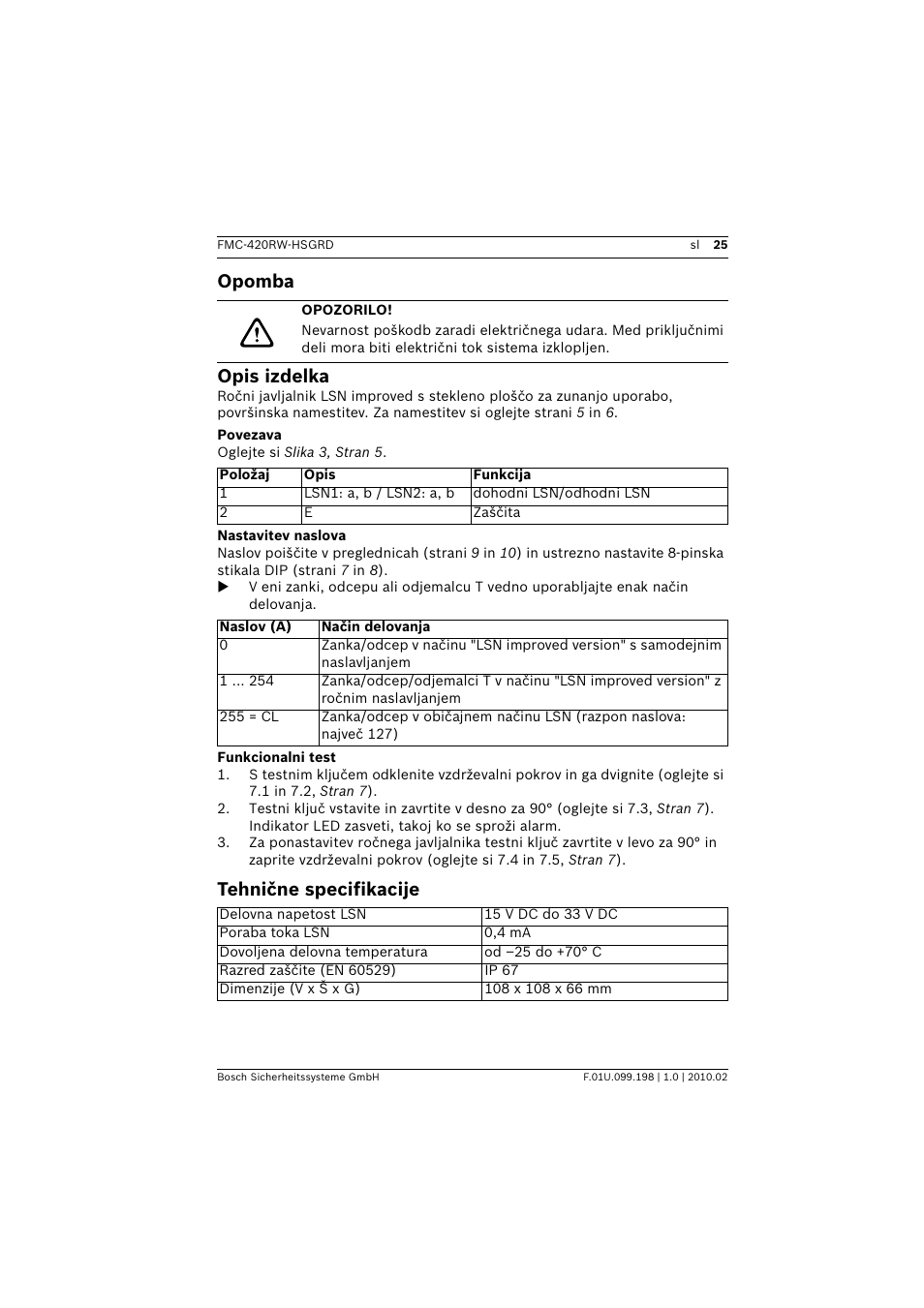 Opomba, Opozorilo, Opis izdelka | Povezava, Nastavitev naslova, Funkcionalni test, Tehnične specifikacije, Opomba opis izdelka | Bosch FMC-420RW Single Action Call Points LSN improved User Manual | Page 25 / 28