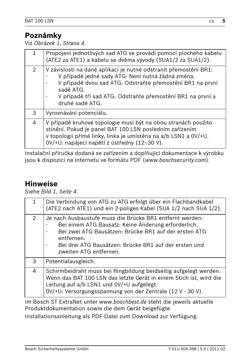 Poznámky, Hinweise | Bosch BAT 100 LSN Display Panel User Manual | Page 5 / 16