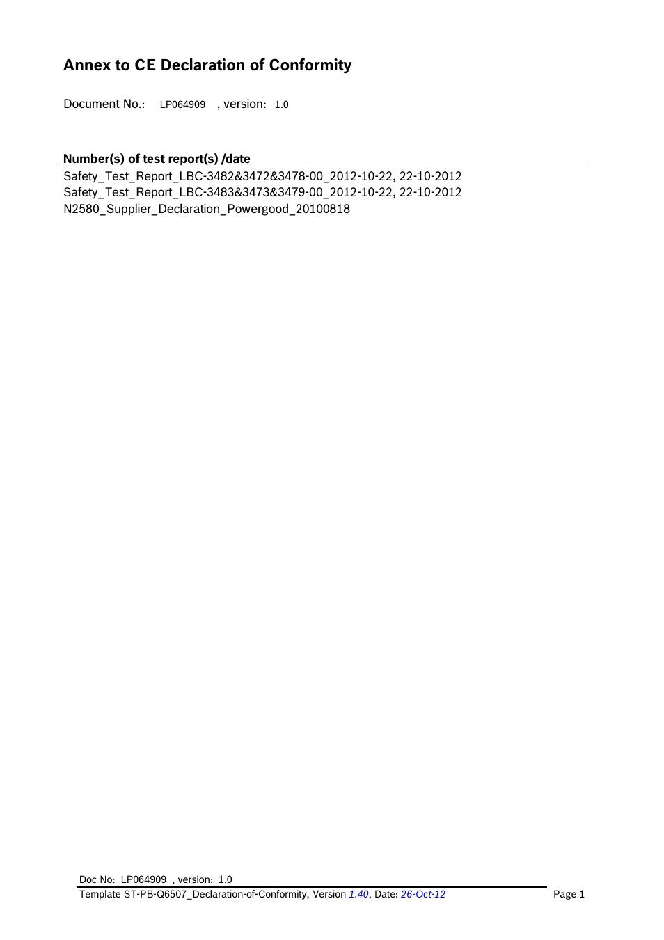 Annex to ce declaration of conformity | Bosch LBC3473 User Manual | Page 2 / 2