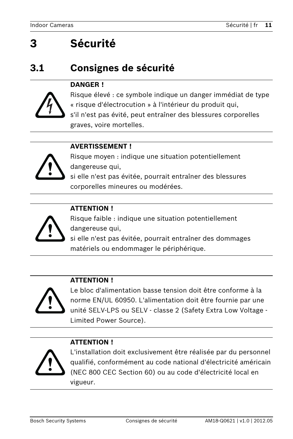 3 sécurité, 1 consignes de sécurité, 3sécurité | Bosch WZ18 Integrated IR Bullet Camera User Manual | Page 11 / 48