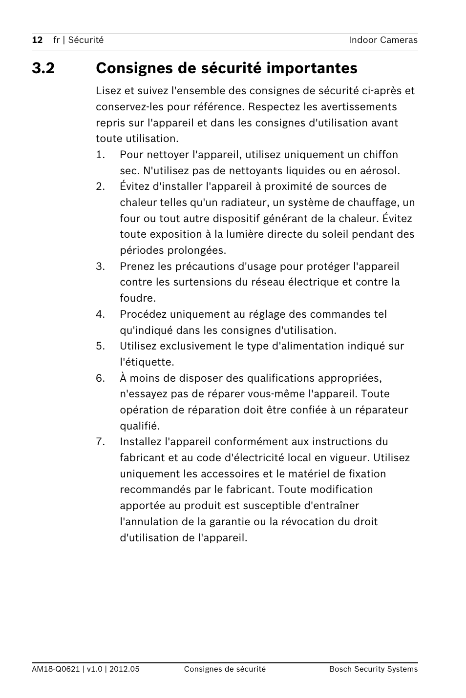 2 consignes de sécurité importantes | Bosch WZ18 Integrated IR Bullet Camera User Manual | Page 12 / 48