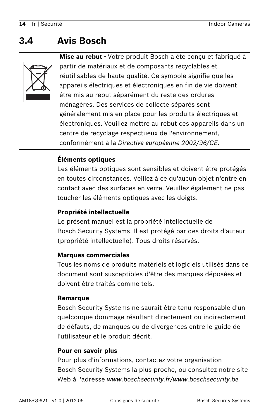 4 avis bosch, Éléments optiques, Propriété intellectuelle | Marques commerciales, Remarque, Pour en savoir plus | Bosch WZ18 Integrated IR Bullet Camera User Manual | Page 14 / 48