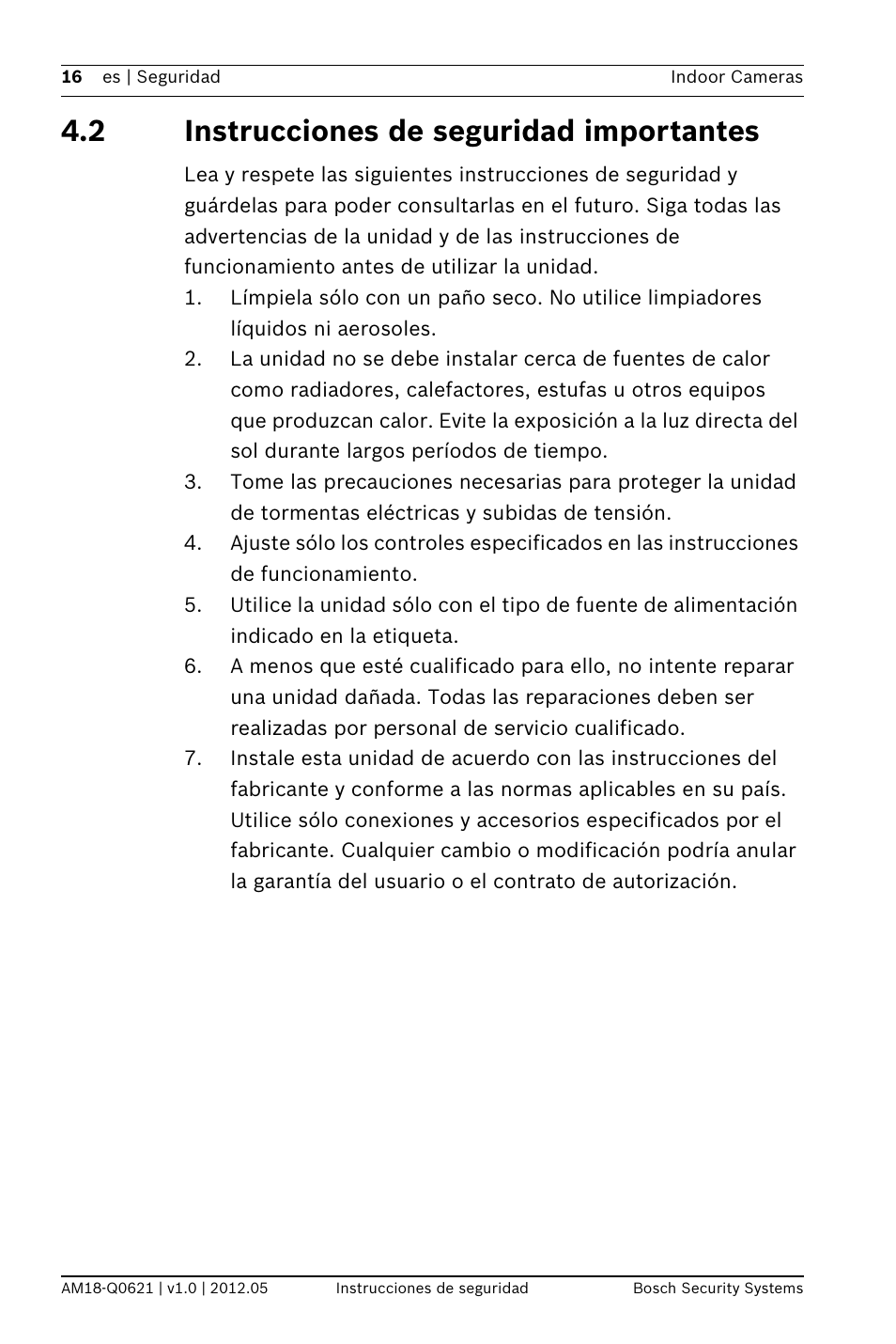 2 instrucciones de seguridad importantes | Bosch WZ18 Integrated IR Bullet Camera User Manual | Page 16 / 48