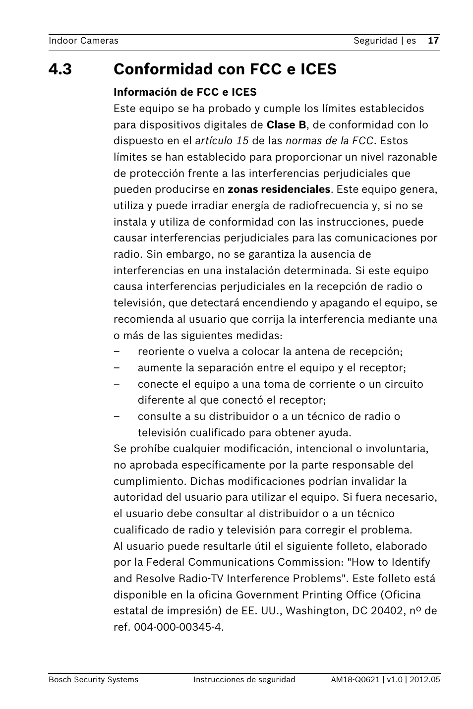 3 conformidad con fcc e ices, Información de fcc e ices | Bosch WZ18 Integrated IR Bullet Camera User Manual | Page 17 / 48