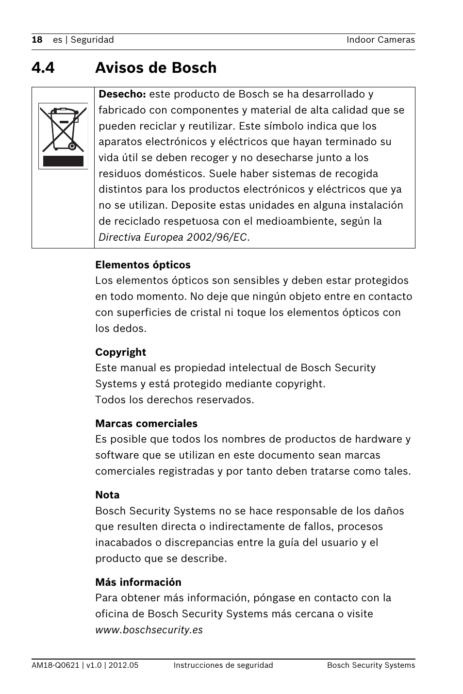 4 avisos de bosch, Elementos ópticos, Copyright | Marcas comerciales, Nota, Más información | Bosch WZ18 Integrated IR Bullet Camera User Manual | Page 18 / 48