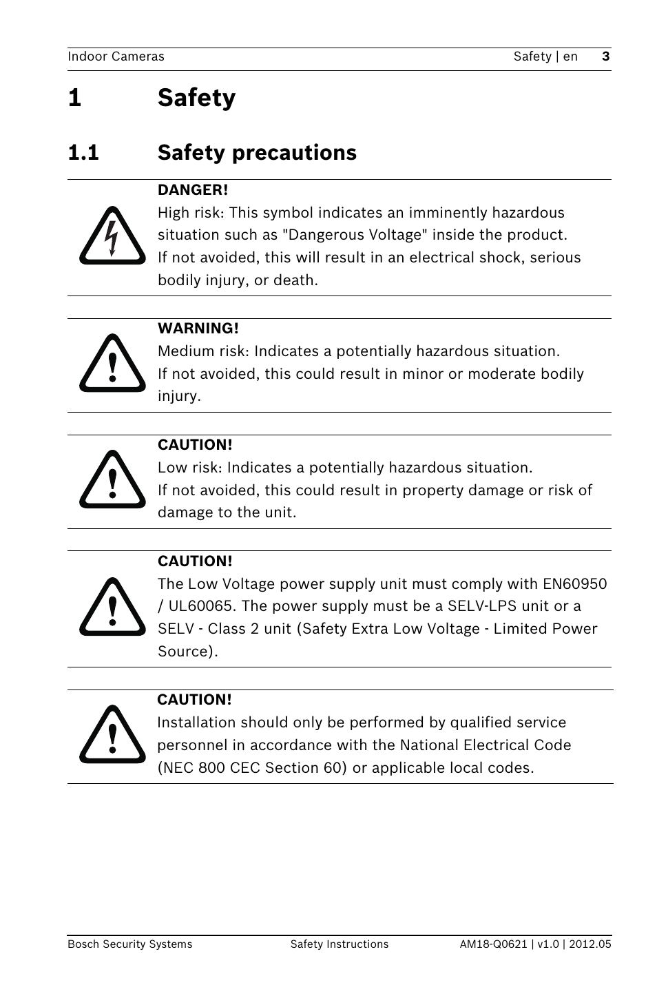 1 safety, 1 safety precautions, 1safety | Bosch WZ18 Integrated IR Bullet Camera User Manual | Page 3 / 48