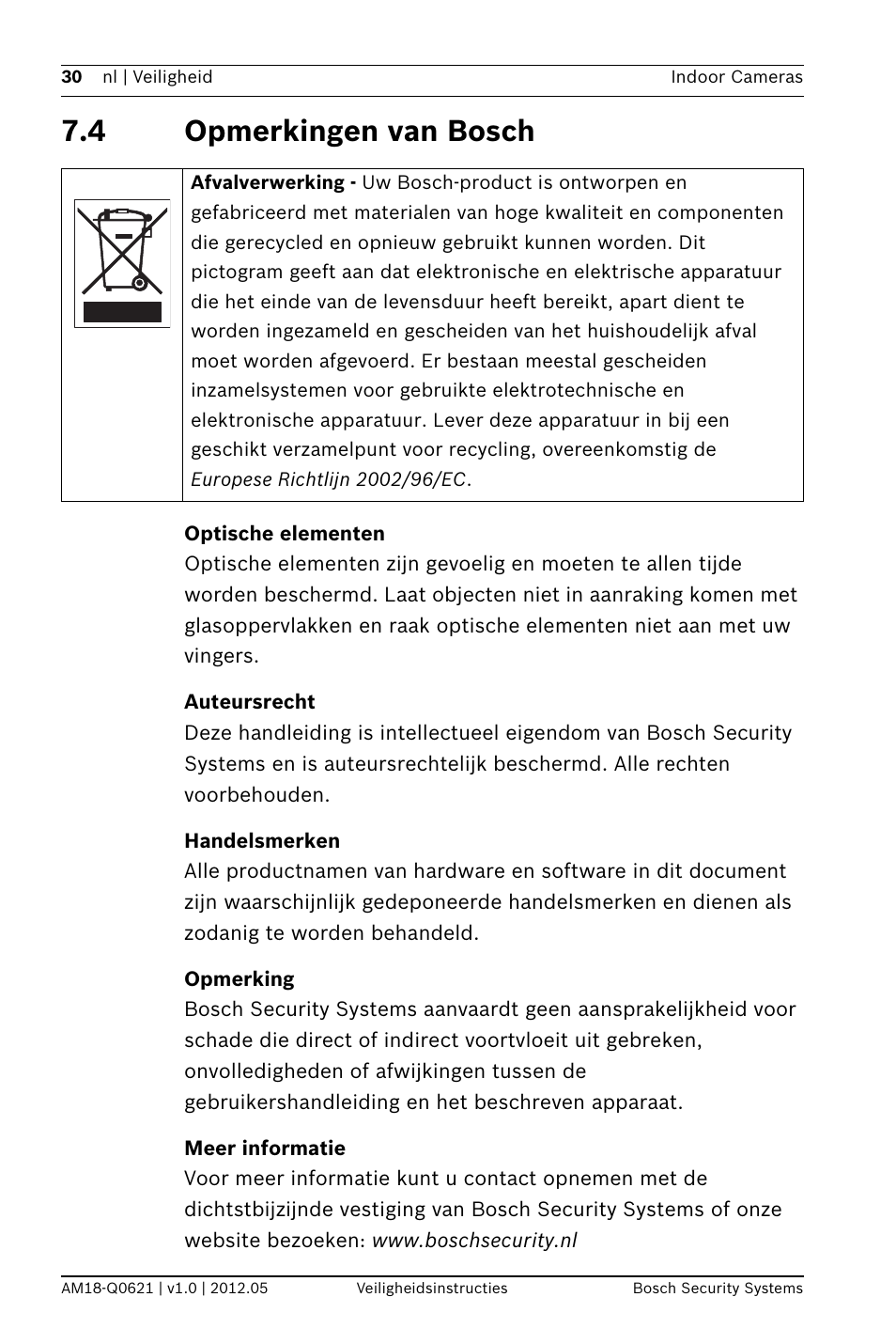 4 opmerkingen van bosch, Optische elementen, Auteursrecht | Handelsmerken, Opmerking, Meer informatie | Bosch WZ18 Integrated IR Bullet Camera User Manual | Page 30 / 48