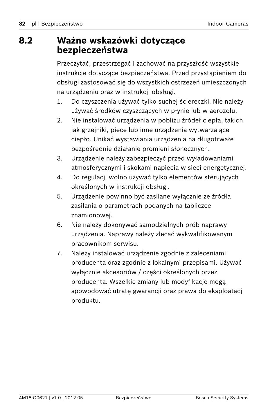 2 ważne wskazówki dotyczące bezpieczeństwa | Bosch WZ18 Integrated IR Bullet Camera User Manual | Page 32 / 48