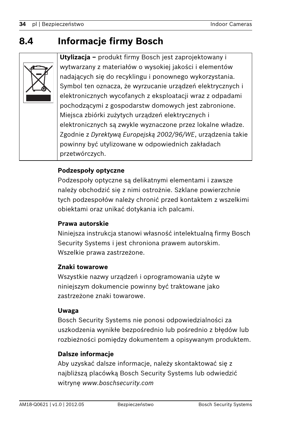 4 informacje firmy bosch, Podzespoły optyczne, Prawa autorskie | Znaki towarowe, Uwaga, Dalsze informacje | Bosch WZ18 Integrated IR Bullet Camera User Manual | Page 34 / 48