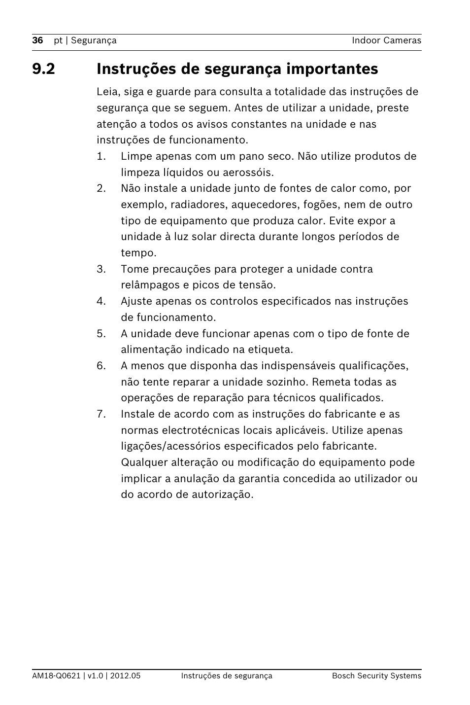 2 instruções de segurança importantes | Bosch WZ18 Integrated IR Bullet Camera User Manual | Page 36 / 48