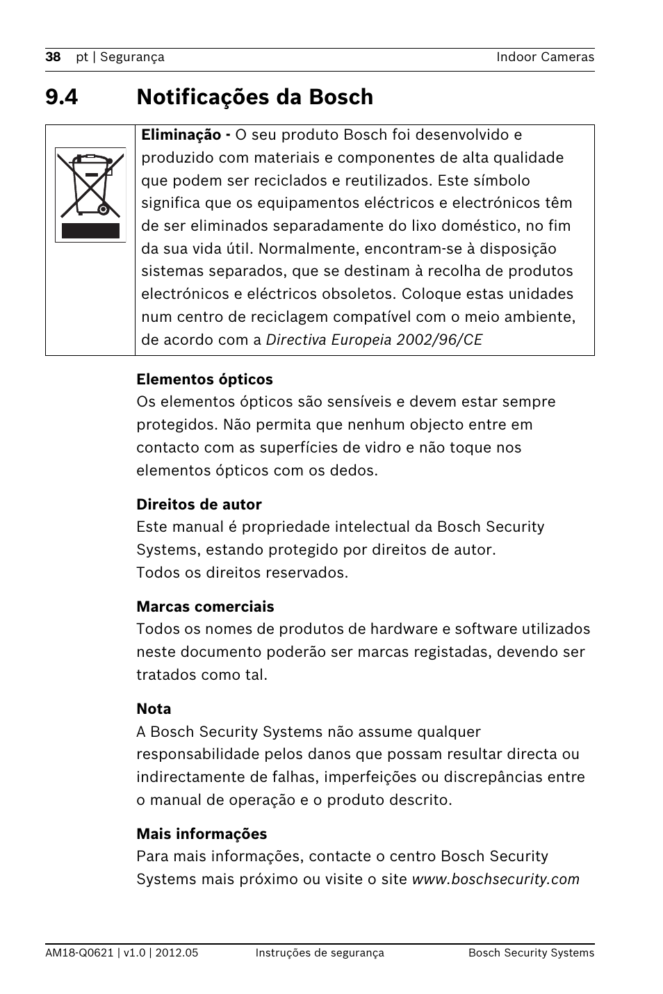 4 notificações da bosch, Elementos ópticos, Direitos de autor | Marcas comerciais, Nota, Mais informações | Bosch WZ18 Integrated IR Bullet Camera User Manual | Page 38 / 48