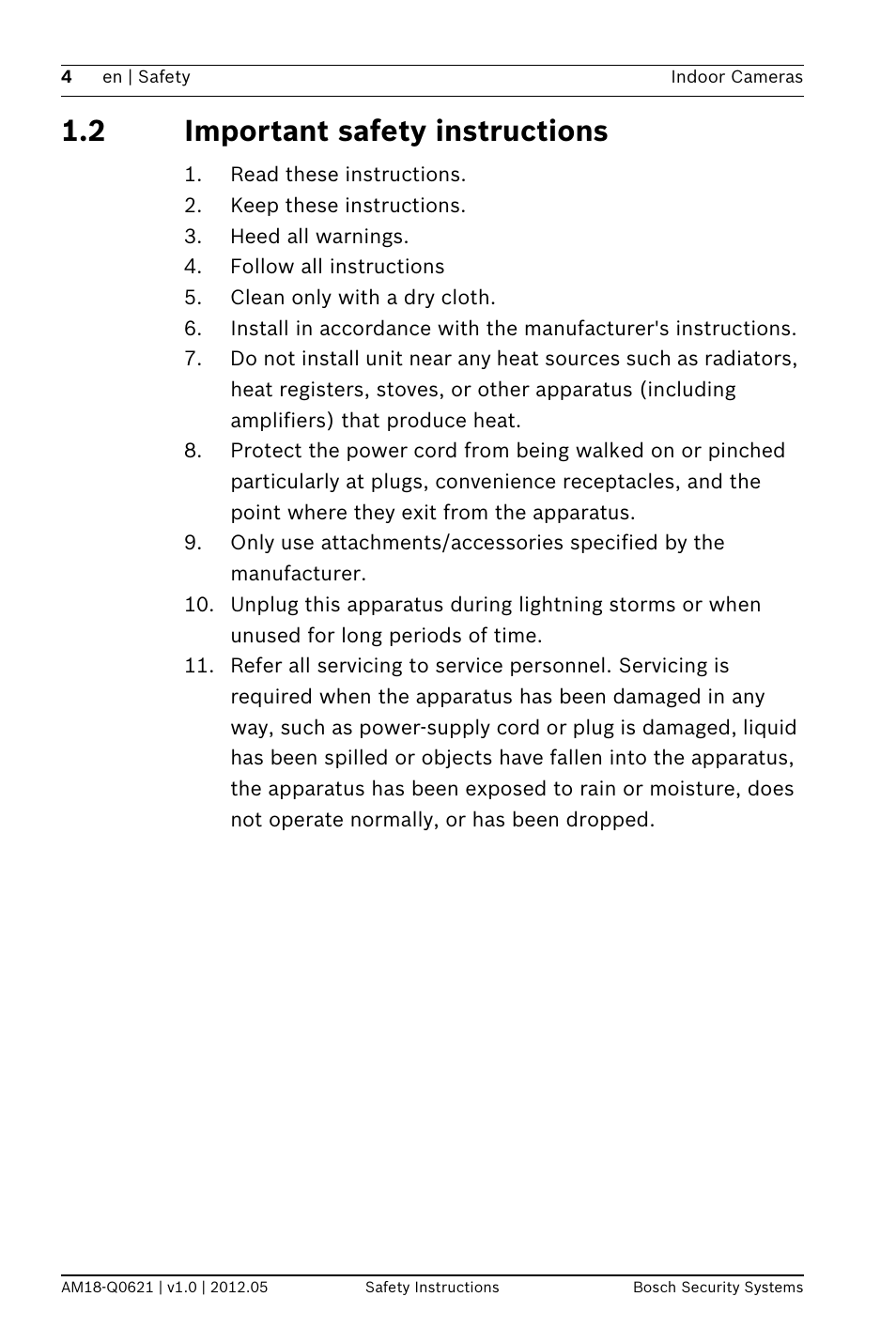 2 important safety instructions | Bosch WZ18 Integrated IR Bullet Camera User Manual | Page 4 / 48