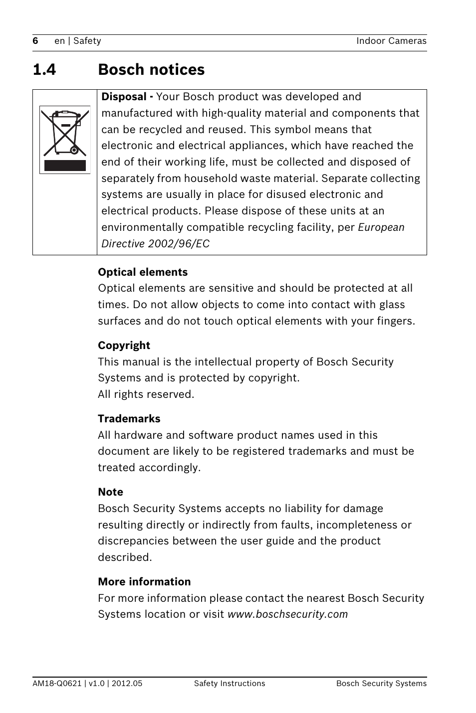 4 bosch notices, Optical elements, Copyright | Trademarks, Note, More information | Bosch WZ18 Integrated IR Bullet Camera User Manual | Page 6 / 48