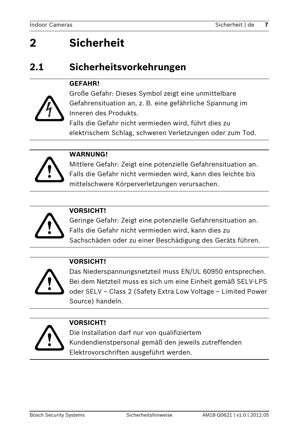 2 sicherheit, 1 sicherheitsvorkehrungen, 2sicherheit | Bosch WZ18 Integrated IR Bullet Camera User Manual | Page 7 / 48